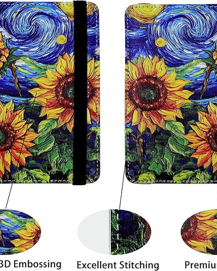 Passport Holder for Women and Men PU Leather Passport Cover for Travel (Sunflower)