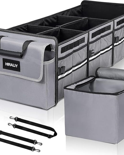 HIRALIY 4 in 1 Car Trunk Storage Organizer with Leakproof Cooler Bag, Multi-Compartment Foldable Trunk Storage Box for Car Truck SUV Gray