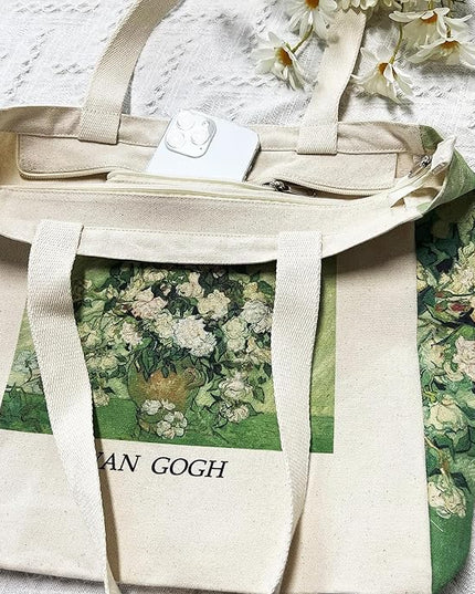 BROADREAM Aesthetic Canvas Tote Bag for Women, Vintage Reusable Book Tote Bag with Inner Zipper Pocket