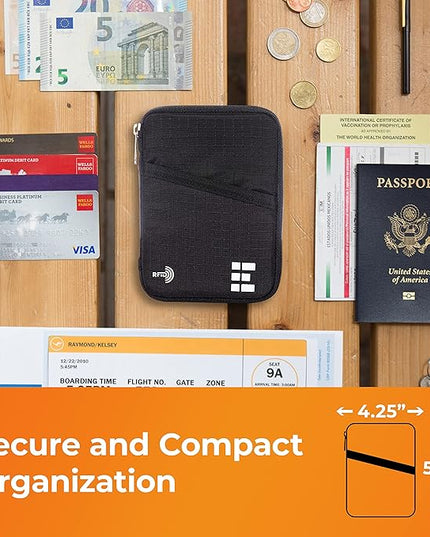 Zero Grid Passport Holder & Travel Wallet with RFID Blocking, Premium Document Organizer for Men & Women, Holds Passports, Cards, Tickets, ID & Cash, Compact Zippered Wallet - Midnight Black