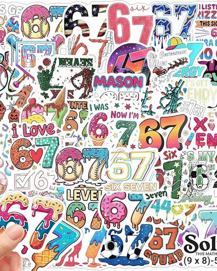 67 Stickers (104PCS), Waterproof Vinyl 6 7 Meme Stickers for Laptop, Water Bottle, Car, Phone Case, 67 Stuff for Adults Teens, 6–7 Meme Gifts