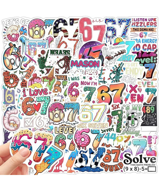 67 Stickers (104PCS), Waterproof Vinyl 6 7 Meme Stickers for Laptop, Water Bottle, Car, Phone Case, 67 Stuff for Adults Teens, 6–7 Meme Gifts
