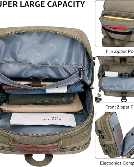WITZMAN Travel Backpack for Men Large Canvas Laptop Backpack Fit 16 inch Carry on TSA Friendly Flight Approved Vintage Rucksack for Traveling(A8012 Army Green)