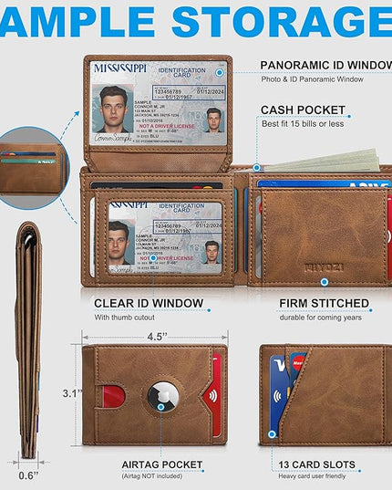 miyozi Airtag Wallet for Men,with Cash Pocket 2 ID Window 13 Cards,Slim Leather Wallet Front Pocket Card Holder RFID Blocking with Gift Box