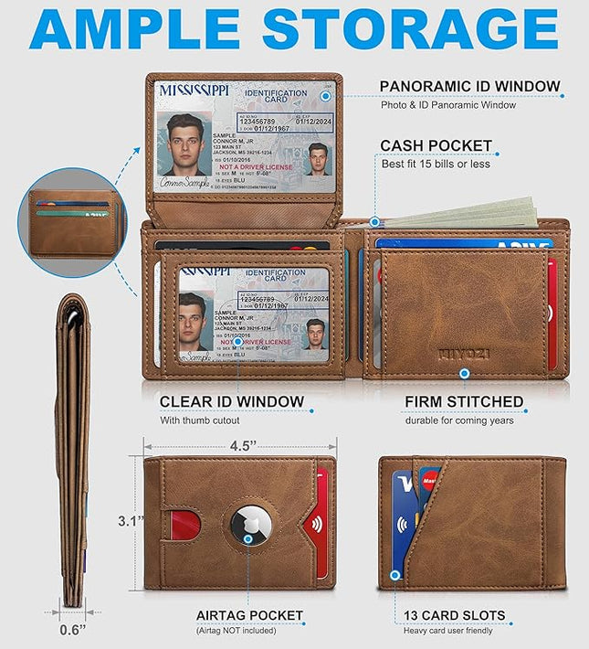 miyozi Airtag Wallet for Men,with Cash Pocket 2 ID Window 13 Cards,Slim Leather Wallet Front Pocket Card Holder RFID Blocking with Gift Box