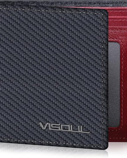 VISOUL Wallet for Men with 2 ID Windows 8 Credit Card Slots 2 Cash Compartments, Carbon Fiber Leather Bifold Mens Wallet with RFID Blocking (Carbon Fiber Black+Burgundy)