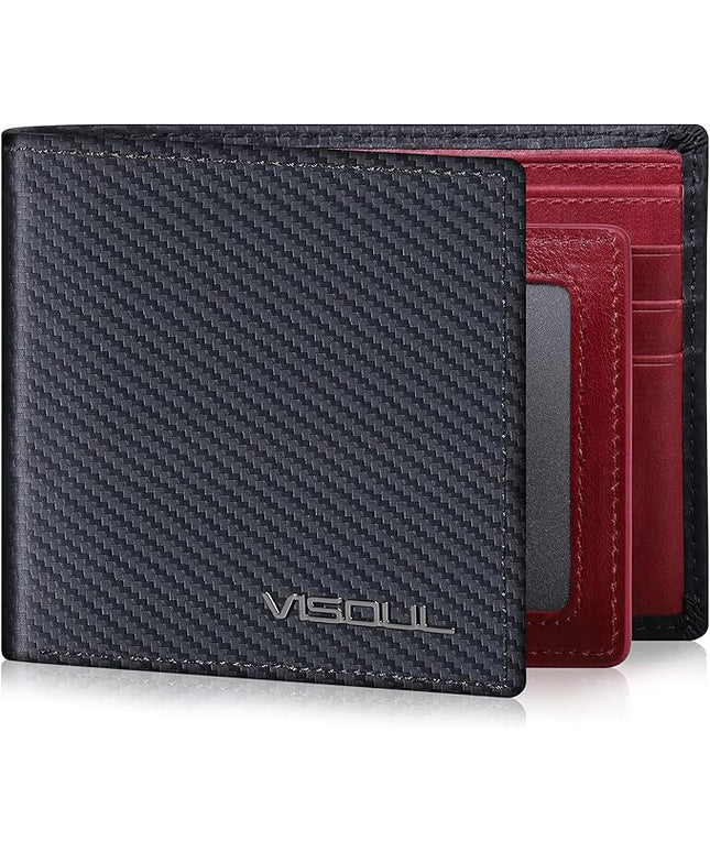 VISOUL Wallet for Men with 2 ID Windows 8 Credit Card Slots 2 Cash Compartments, Carbon Fiber Leather Bifold Mens Wallet with RFID Blocking (Carbon Fiber Black+Burgundy)