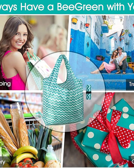 BeeGreen Reusable Grocery Bags Lightweight Durable Shopping Bags Washable Foldable 12 Pack Xlarge Classic Geometric Design Gift Tote Grocery Bags with Elastic Band and Separated Zipper Storage Pouch