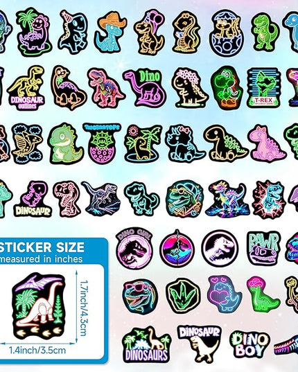 Glow in The Dark Neon Dinosaur Water Bottle Stickers for Kids，70 Pcs Dino Waterproof Vinyl Laptop Decals, Teens Girls Boys Adults Phone Case Skateboard Luggage Decor