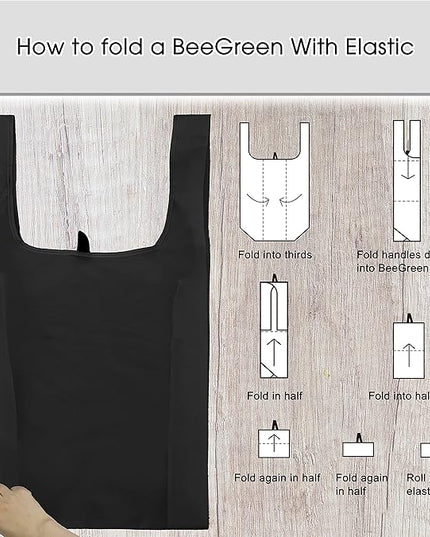 BeeGreen Black Reusable Grocery Bags Shopping Bags for Groceries 12 Pack Heavy Duty - Foldable Polyester Grocery Totes with Handles and Zipper Bag, Large Travel Washable Holiday Tote Bag Bulk