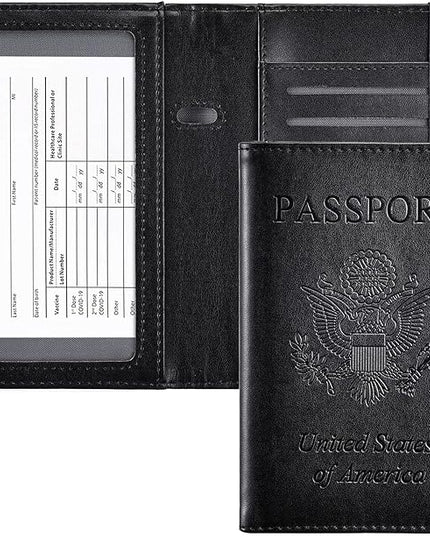 HerriaT Passport and Vaccine Card Holder Combo,Cover Case with CDC Vaccination Card Slot, Leather Travel Documents Organizer Protector, with RFID Blocking, for Women and Men