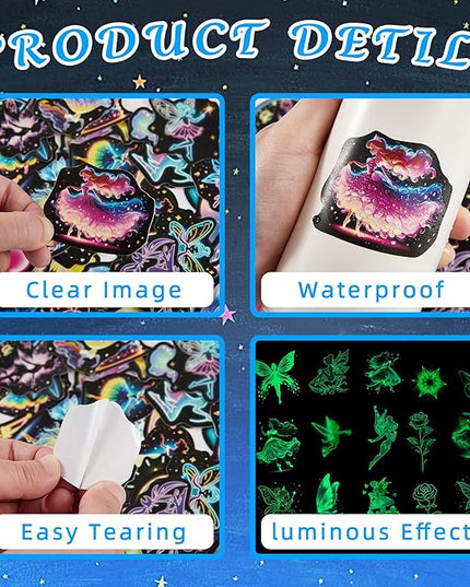Glow in The Dark Neon Princess Water Bottle Stickers for Kids, 50 Pcs Fairy Waterproof Vinyl Laptop Decals, Teens Girls Boys Adults Phone Case Skateboard Luggage Decor