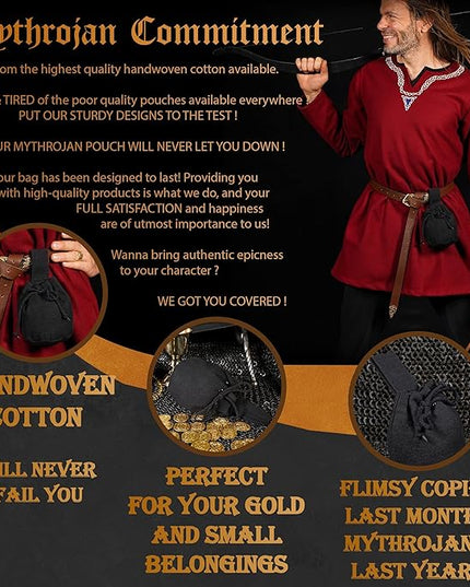 Mythrojan Canvas Drawstring Belt Pouch Medieval Renaissance Bag Costume Accessories Coin Purse Waist Purse - Black, 5" x 6"