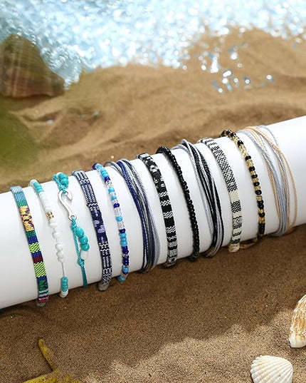 LOLIAS 24 Pieces Waterproof String Bracelets for Women Surfer Wave Boho Bracelet Adjustable Handmade Friendship Bracelet String Ocean Beach Boho Bracelets Anklets for Women