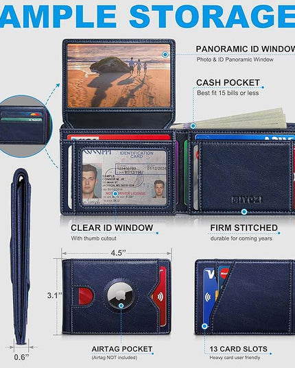 MIYOZI Airtag Wallet for Men,with Cash Pocket 2 ID Window 13 Cards,Slim Leather Wallet Front Pocket Card Holder RFID Blocking with Gift Box
