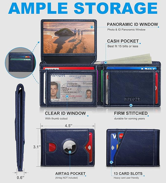 MIYOZI Airtag Wallet for Men,with Cash Pocket 2 ID Window 13 Cards,Slim Leather Wallet Front Pocket Card Holder RFID Blocking with Gift Box