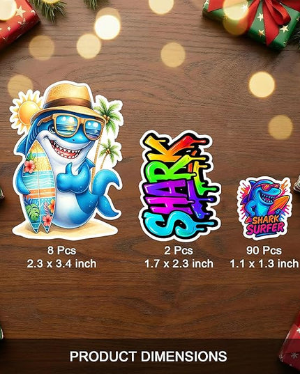 100 PCS Shark Stickers Pack, Vinyl Waterproof Decals of Cartoon Sharks Great White Hammerhead Ocean, Gift for Teens Adults Laptop Water Bottle Scrapbook Luggage Car Wall Decorative
