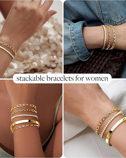 Gold Bracelets Set for Women Stack, Dainty Thick Bracelets Stack for Women Trendy, Simple Thin Gold Plated Cuff Stackable Bracelets With Beaded Cuban Paperclip Snake Rope Bangle Hand Chain Jewelry Gifts for Women Non Tainish