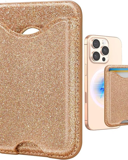 Shorogyt Compatible with Magsafe Wallet Magnetic Card Holder - Glitter Gold Phone Wallets for Women Teen Girls Fashion for iPhone 17/16/15/14/13/12 Series Slim for Apple Mag RFID Magnet, Fit 3 Cards