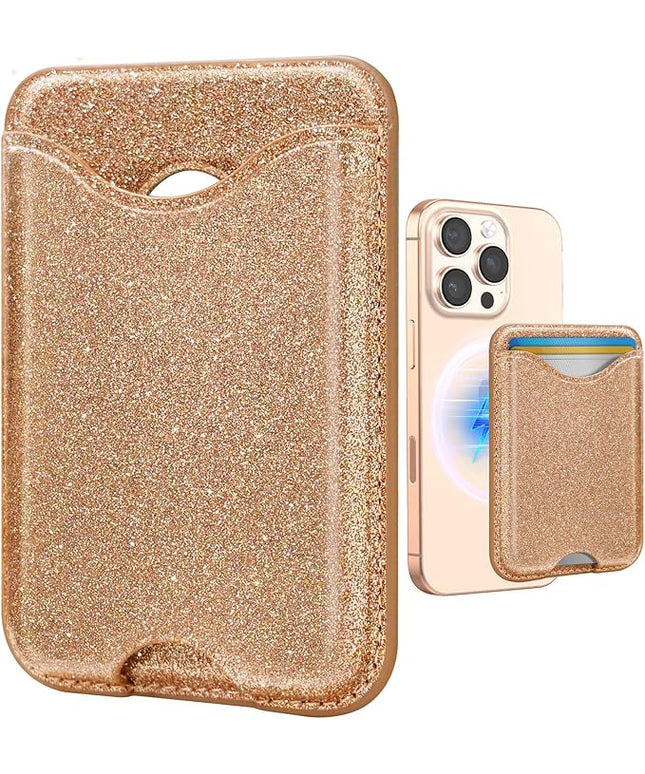 Shorogyt Compatible with Magsafe Wallet Magnetic Card Holder - Glitter Gold Phone Wallets for Women Teen Girls Fashion for iPhone 17/16/15/14/13/12 Series Slim for Apple Mag RFID Magnet, Fit 3 Cards