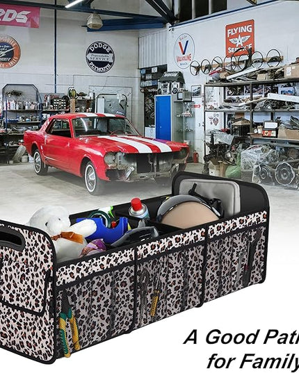 Femuar Collapsible Trunk Organizer - 90L Large Capacity with 15 Pockets, Waterproof for SUV/Car/Jeep/Sedan, Extra Large Leopard Print