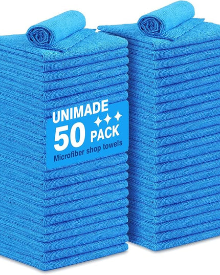 Shop Towels Rags, 50 Pack Reusable Shop Rags Bulk Microfiber Cleaning Cloth Lint Free Cleaning Towels for Car Kitchen Automotive Bar Mechanic Restaurant Garage, 11.5"x 11.5", Blue