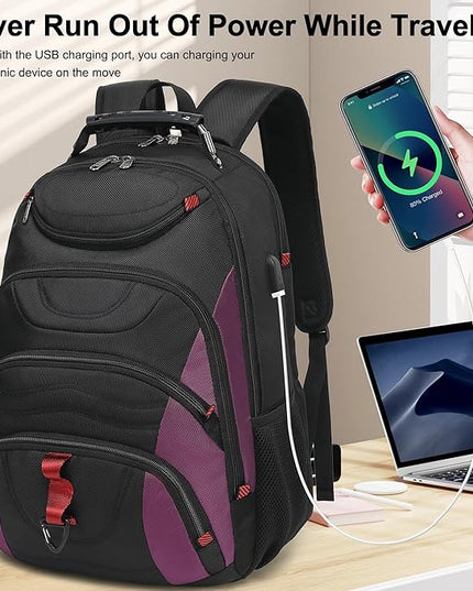 Boavan Laptop Backpack for men, 17.3 inch Laptop Bag with USB Port, Waterproof Travel Work Backpack Purse, Anti-Theft Teacher Nurse Doctor Casual Bookbags Office Business backpack，Black& Purple