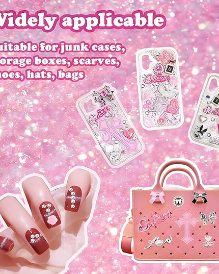 Sutesloly Junk Case Charms Kit, Pink y2k Glitter Phone Case Charm with Storage Box, Kawaii DIY Accessories for Bags, Shoes, Crafts,Cute Bow,Resin Flat Bottomed Drill,Star Letters,Butterfly