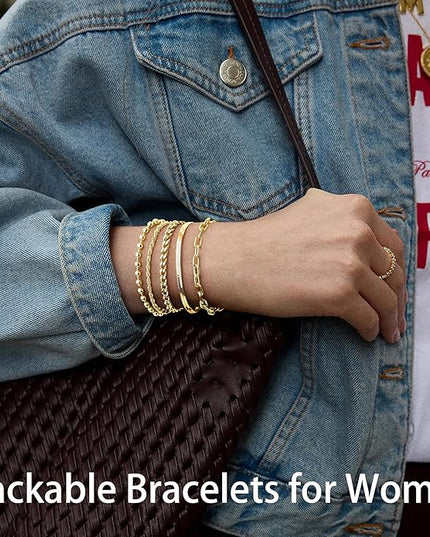 Gold Bracelets Set for Women Stack, Dainty Thick Bracelets Stack for Women Trendy, Simple Thin Gold Plated Cuff Stackable Bracelets With Beaded Cuban Paperclip Snake Rope Bangle Hand Chain Jewelry Gifts for Women Non Tainish