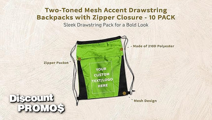 DISCOUNT PROMOS 10 Mesh Accent Drawstring Backpacks Set - Customizable Text, Logo - Two Tone, Front Pocket, Side Mesh - Lime Green