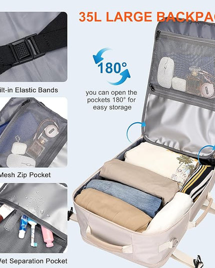 PIJUSHI Travel Backpack for Women Flight Approved Carry on Bag 16 inch Laptop Personal Item Daypack with Shoe Compartment(PE038 Beige)