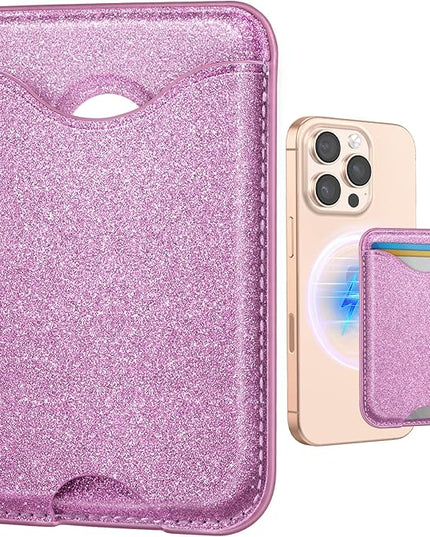 Shorogyt Compatible with Magsafe Wallet Magnetic Card Holder - Glitter Purple Phone Wallets for Women Teen Girls for iPhone 17/16/15/14/13/12 Series Slim for Apple Mag RFID Magnet, Fit 3 Cards