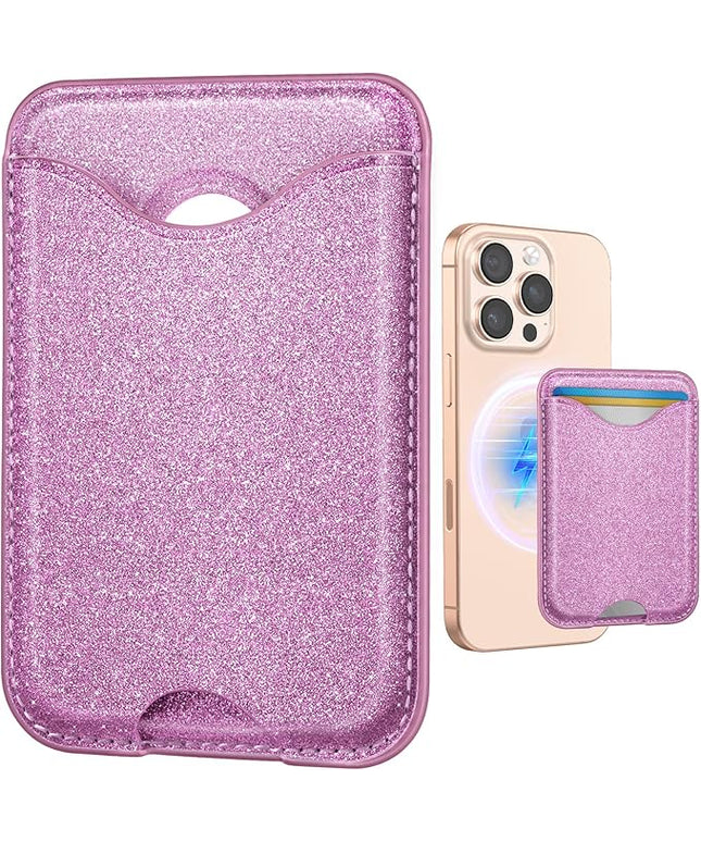 Shorogyt Compatible with Magsafe Wallet Magnetic Card Holder - Glitter Purple Phone Wallets for Women Teen Girls for iPhone 17/16/15/14/13/12 Series Slim for Apple Mag RFID Magnet, Fit 3 Cards