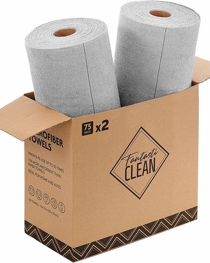 Fantasticlean Microfiber Cleaning Cloth Roll -150 Pack, Tear Away Microfiber Towels, 12" x 12", Reusable, Washable, Ultra Absorbent Dishcloth for All-Around Cleaning Supplies (2 Rolls of Grey)
