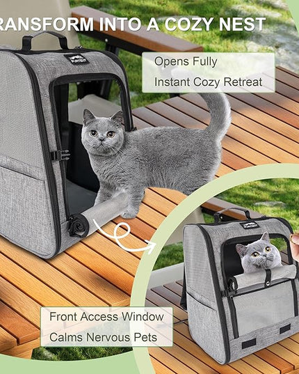 Pet Backpack Carrier for Small Dogs and Cats, Comfortable Portable Cat Bag for Travel Use with Ventilated Mesh, Safety Strap, and Easy-Clean Waterproof Fabric, Grey