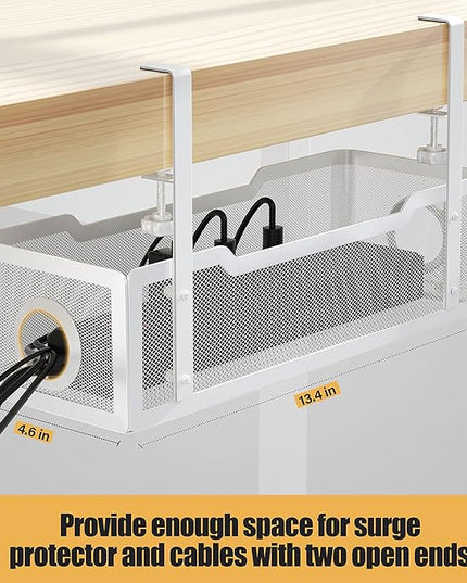 Under Desk Cable Management Tray White, Cinati Wire Organizers No Drill, Cable Tray with Clamp for Wire Management, Cord Organization Box for Office, Home - No Damage to Desk