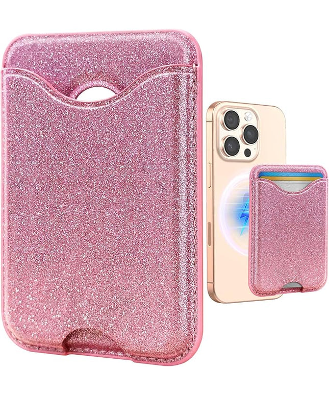 Shorogyt Compatible with Magsafe Wallet Magnetic Card Holder - Glitter Pk Phone Wallets for Women Teen Girls Fashion for iPhone 16/15/14/13/12 Series Slim for Apple Mag RFID Magnet, Fit 3 Cards