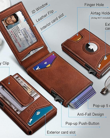 miyozi Airtag Wallet for Men Money Clip 9-Card Pop-Up Credit Card Holder with ID Window RFID Blocking Metal Case Magnetic Closure Front Pocket Wallet Gift Box