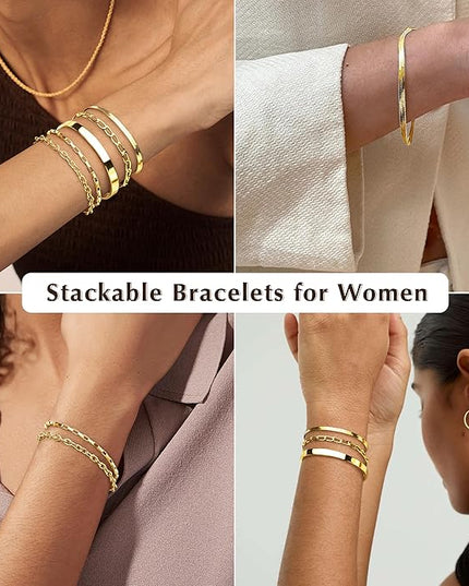 Gold Bracelets Set for Women Stack, Dainty Thick Bracelets Stack for Women Trendy, Simple Thin Gold Plated Cuff Stackable Bracelets With Beaded Cuban Paperclip Snake Rope Bangle Hand Chain Jewelry Gifts for Women Non Tainish
