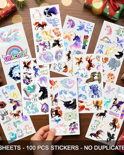100 PCS Unicorns Stickers Pack – Cute Funny Animal Vinyl Decals for Laptop, Water Bottle, Scrapbook, Car, Hard Hat – Gift for Teens, Adults, Christmas Birthday Unicorn Wall Decorative 9 Sheets