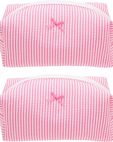 PAZIMIIK 2PCS Cozy Makeup Bag Small Aesthetic Travel Zipper Cosmetic Pouch for Women Make Up Beauty Accessories Brushes, Stripe Hotpink