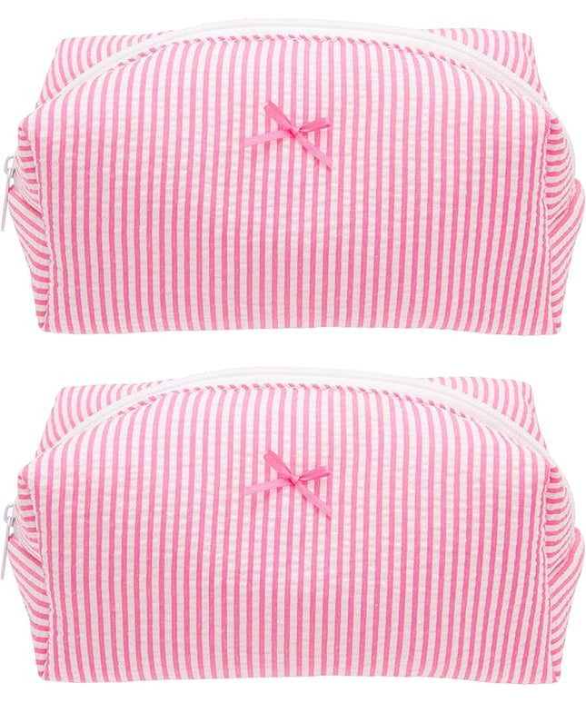 PAZIMIIK 2PCS Cozy Makeup Bag Small Aesthetic Travel Zipper Cosmetic Pouch for Women Make Up Beauty Accessories Brushes, Stripe Hotpink