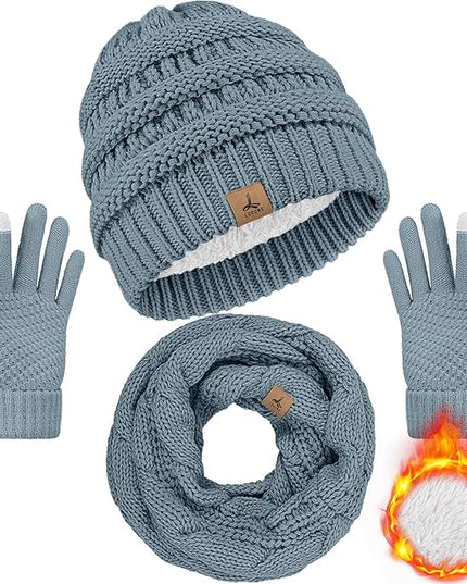 Winter Beanie Hat Scarf Gloves, Warm Fleece Knit Hats Touch Screen Gloves Neck Scarf Set Winter Gifts for Unisex Adult