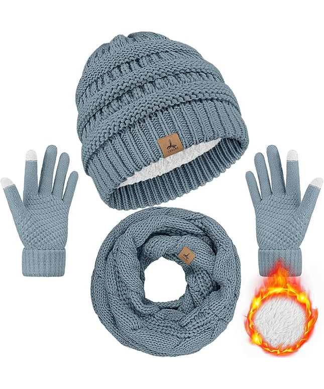 Winter Beanie Hat Scarf Gloves, Warm Fleece Knit Hats Touch Screen Gloves Neck Scarf Set Winter Gifts for Unisex Adult