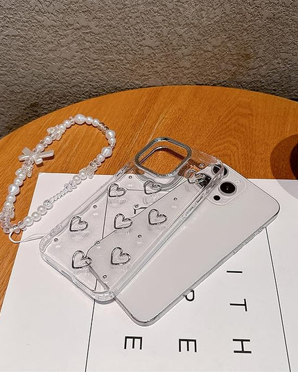 for iPhone 14 Pro Case, [Premium 3D Silver Love Heart Pattern] [Transparent Creative Case] [2-in-1 Beaded Wrist Strap] Soft TPU Shockproof for Women and Girl