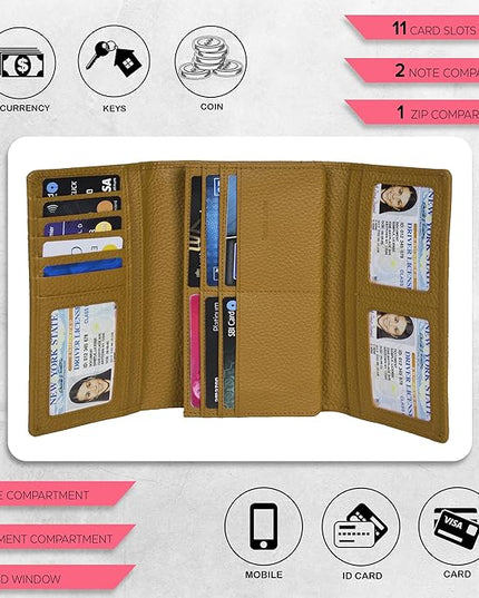 Real Leather Women Wallet Leather with RFID Blocking -Trifold Card Holder Designer Ladies Clutch with ID Window Wallets