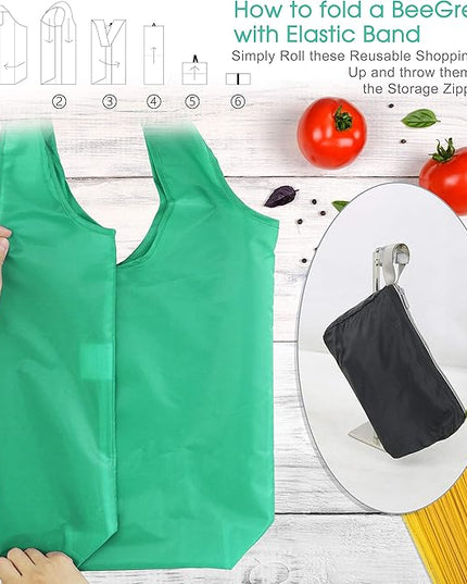 BeeGreen Groceries Reusable Bags for Shopping Compact Cute Solid Color Cloth Grocery Totes Set of 12 Fold up Packable Recycling Shopper Baggies w Zipper Carry Pouch for Supermarket