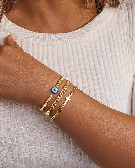 Gold Bracelets Set for Women Stack, Dainty Thick Bracelets Stack for Women Trendy, Simple Thin Gold Plated Cuff Stackable Bracelets With Beaded Cuban Paperclip Snake Rope Bangle Hand Chain Jewelry Gifts for Women Non Tainish