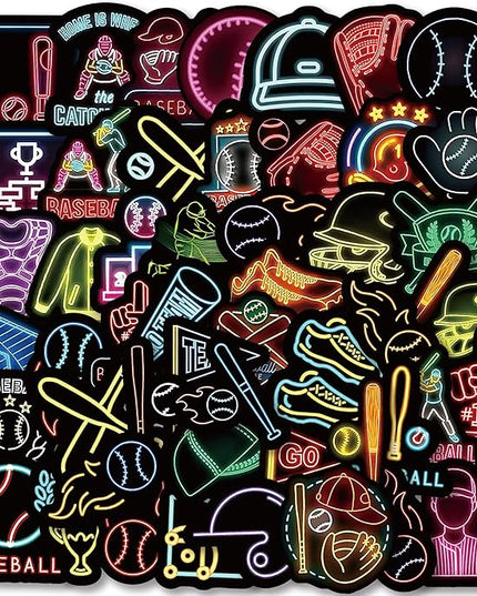 50 PCS Neon Theme Baseball Stickers for Water Bottles, Waterproof Vinyl Sticker for Skateboard Luggage, Sport Baseball Decal for Party Decor Boys Kids Gifts-A08