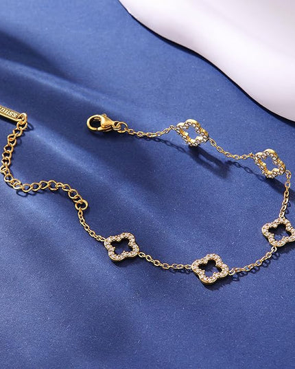 CLAIRETTE Premium PVD Gold-Plated Clover Lucky Bracelet for Women Flower Four Leaf Link Bracelets Trendy Jewelry Gifts for Women